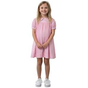 Vtg KELLY'S KIDS Dress Girl 7-8 Pink White Gingham Short Sleeve Peterpan Collar
